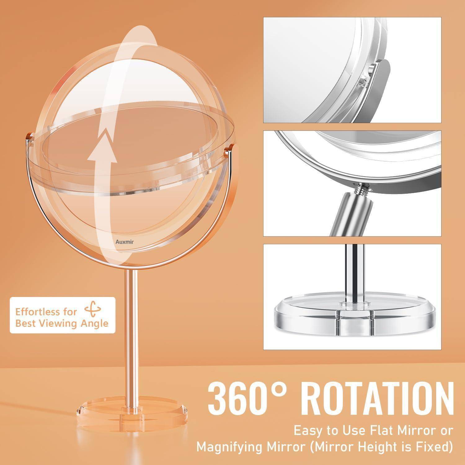 Klarer Schminkspiegel mit 360°-Rotation, der sowohl flache als auch vergrößernde Optionen auf einem Ständer für verstellbare Blickwinkel bietet.