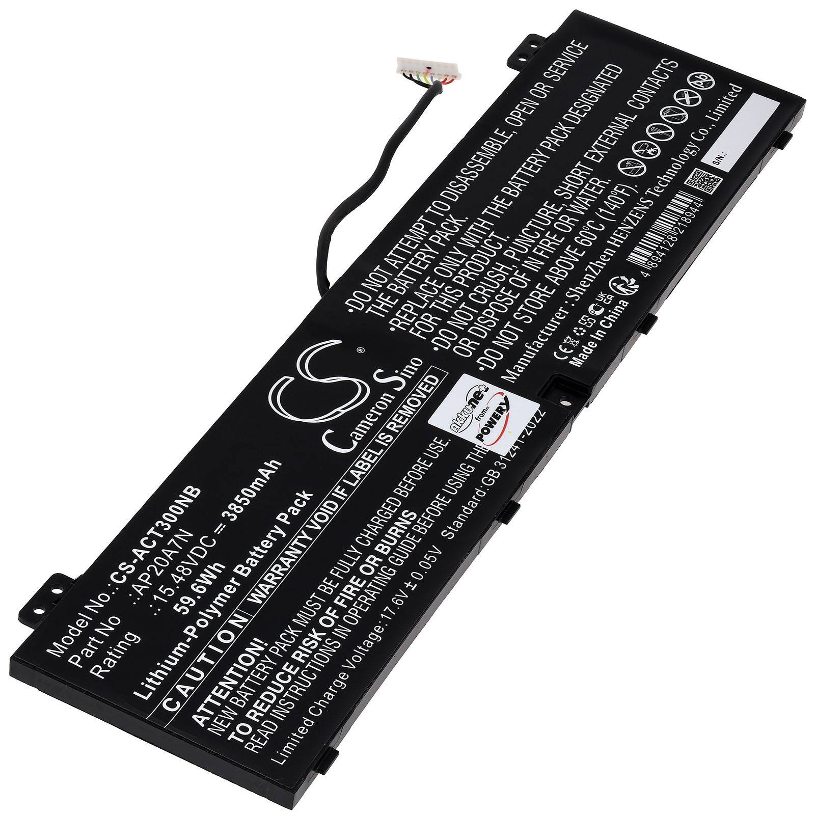 Ein schwarzer wiederaufladbarer Lithium-Polymer-Akku mit Beschriftung zum Modell CA-AC720NB, 7,4V, 3950mAh, zur Verwendung in bestimmten Geräten.