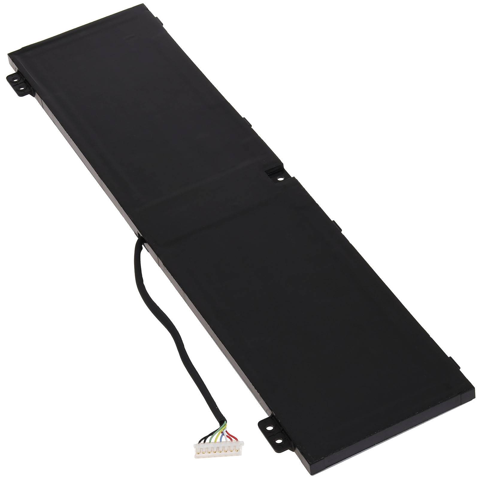 Eine rechteckige schwarze Laptop-Batterie mit einem Anschlusskabel, das von einem Ende herausragt und mehrere farbige Kabel aufweist.