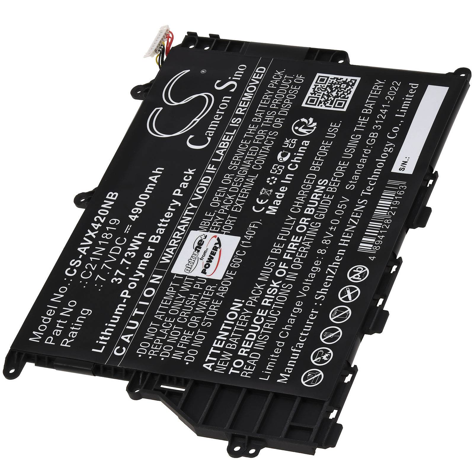 Batterie mit weißem Text, die das Modell 'CS-AV1420NB', die Spannung '11,4V' und die Kapazität '37,31Wh/4900mAh' anzeigt.