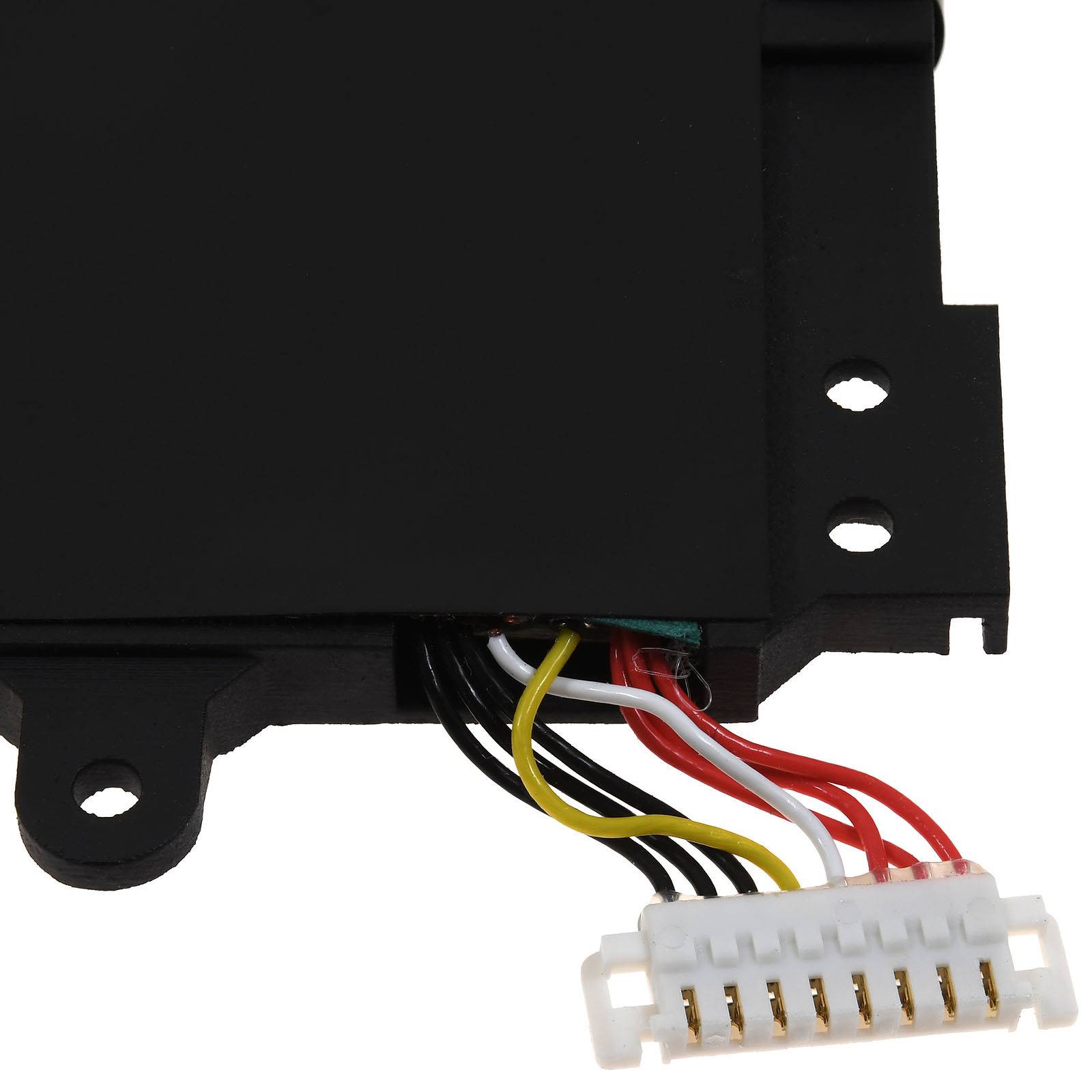 Eine schwarze elektronische Komponente mit einer kleinen Leiterplatte, an der mehrere farbige Kabel an einen weißen Kunststoff-Steckverbinder angeschlossen sind.