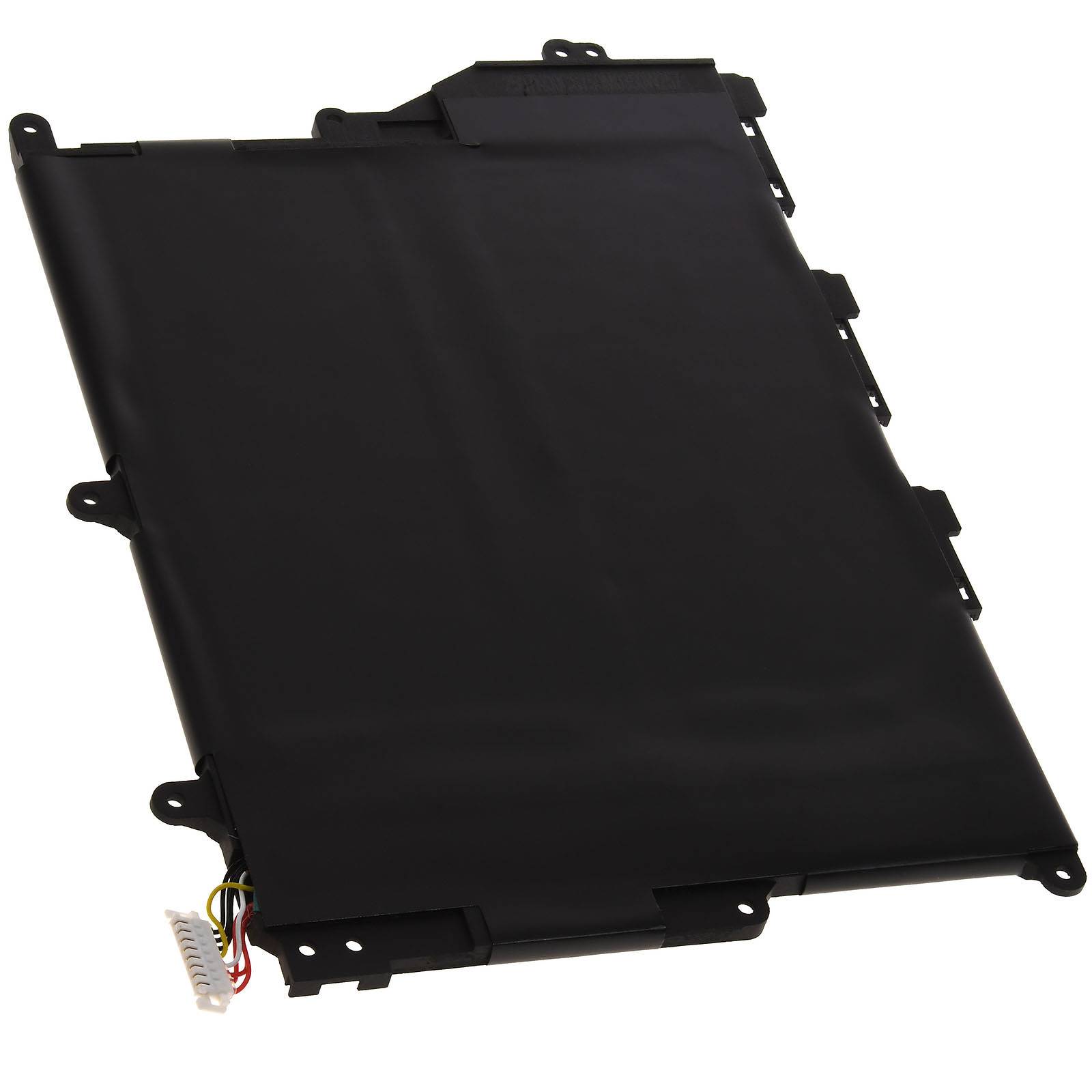 Schwarze rechteckige Laptopbatterie mit einem kleinen Anschluss an einer Seite, vor einem einfarbigen weißen Hintergrund.