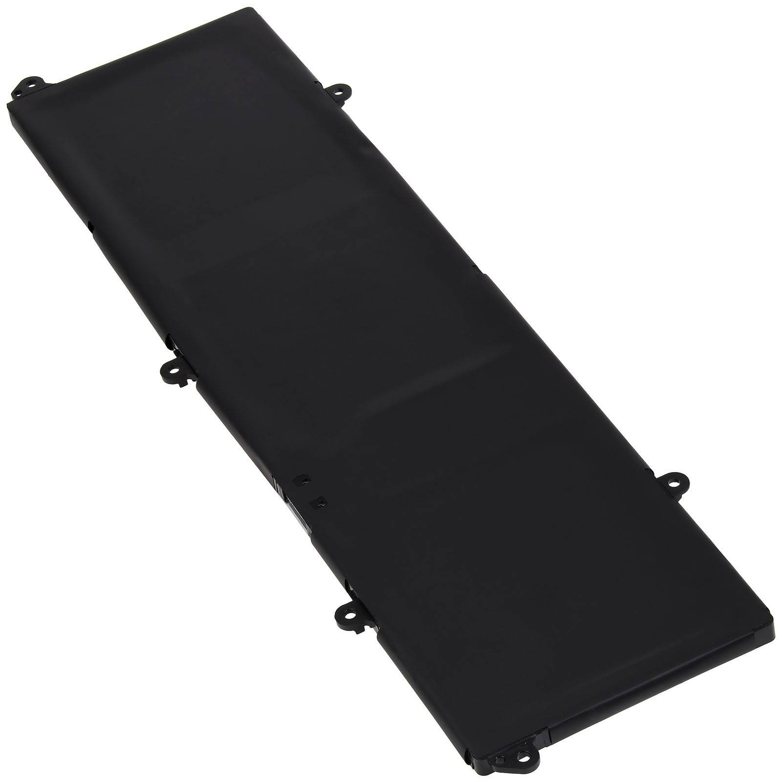 Ein schlanker, schwarzer rechteckiger Laptop-Akku mit Anschlüssen an der Seite.