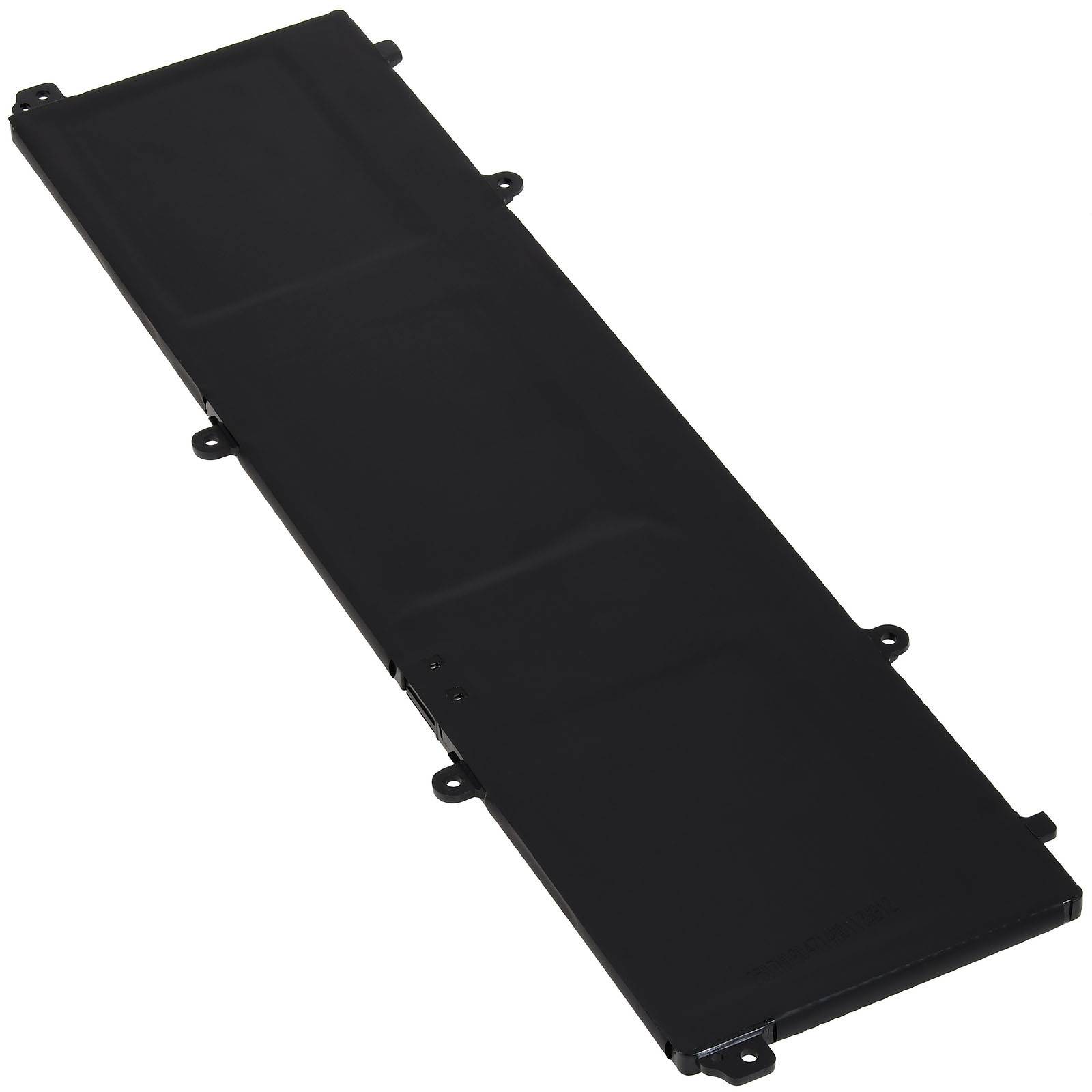 Ein rechteckiger, schlanker, schwarzer Lithium-Ionen-Akkupack, der für schlanke Laptops oder Ultrabooks entwickelt wurde und mehrere Befestigungslaschen an den Kanten aufweist.