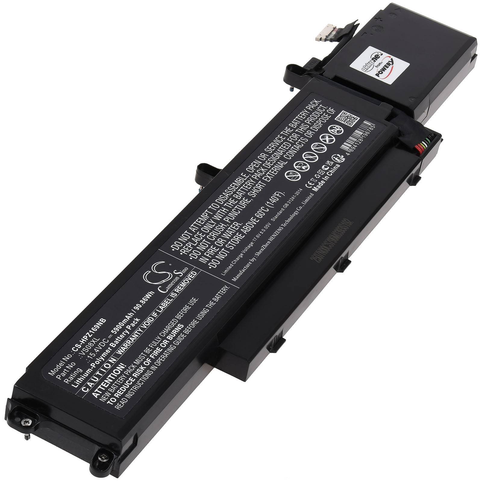 Eine schwarze Lithium-Ionen-Batterie mit weißem Text, der Spezifikationen und Sicherheitsinformationen, einschließlich Modellnummer und Spannungsdetails, beschreibt.