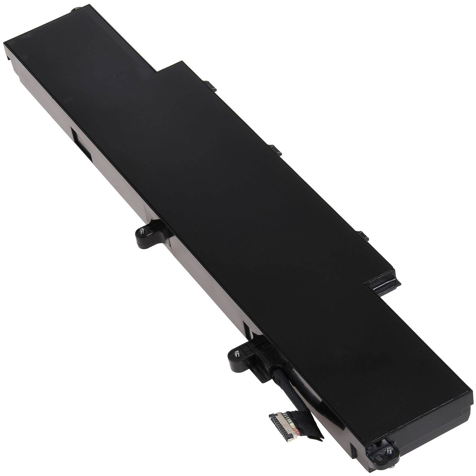 Ein Lithium-Ionen-Laptop-Akku mit einem schwarzen rechteckigen Gehäuse und einem sichtbaren Anschluss.