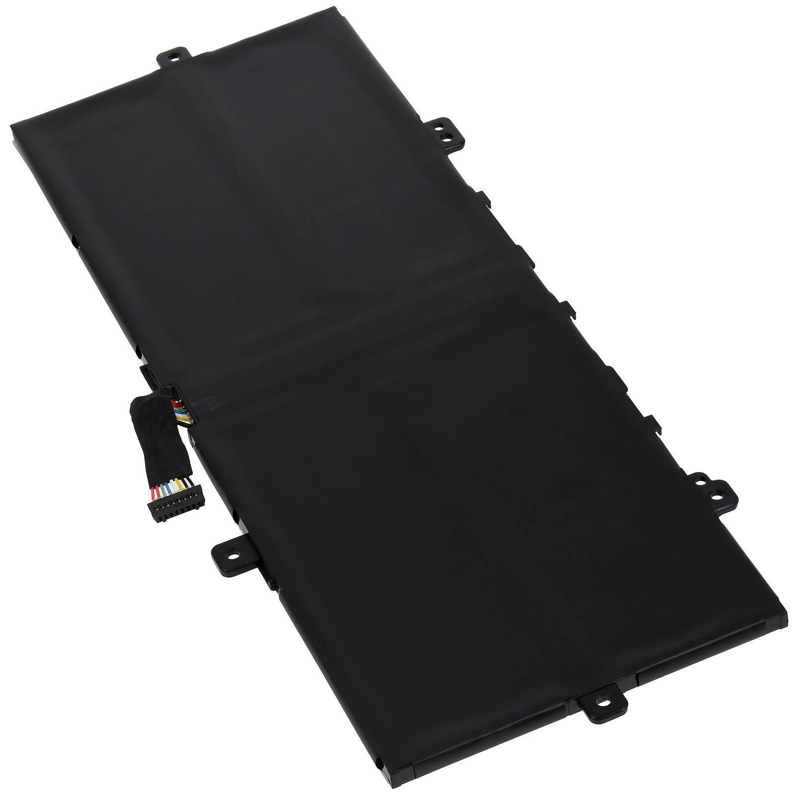 Eine schwarze rechteckige Laptop-Batterie mit angeschlossenem Anschluss, die für ein elektronisches Gerät konzipiert ist und ohne zusätzliche Komponenten dargestellt wird.