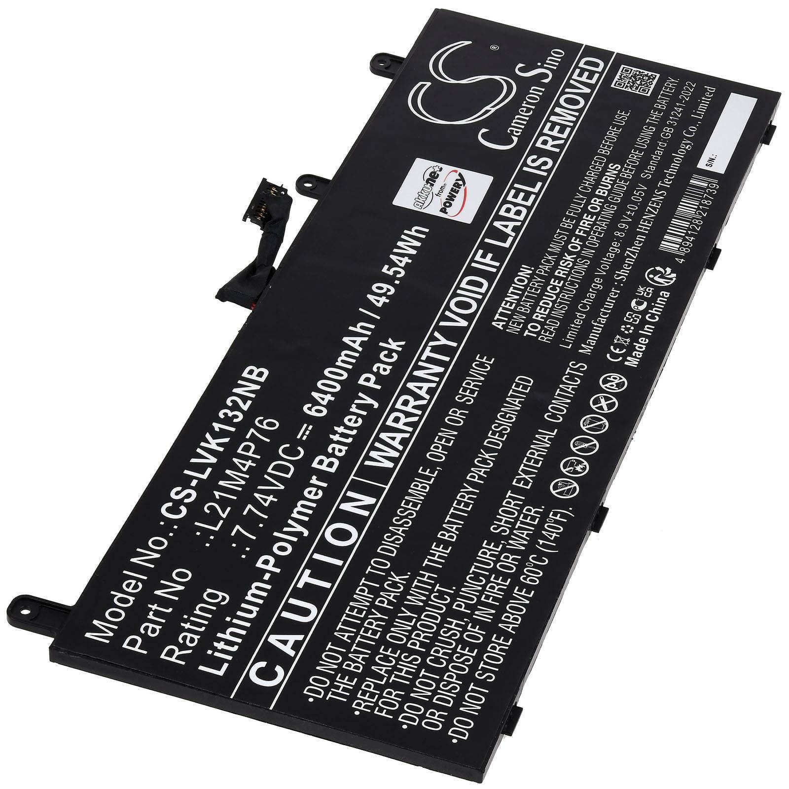 Ein schwarzer Lithium-Polymer-Akkupack mit folgenden Spezifikationen: 6400mAh, 49,54Wh, 7,4V, Modell CS-LVK132NB. Enthält einen Hinweis, dass die Garantie erlischt, wenn das Etikett entfernt wird.
