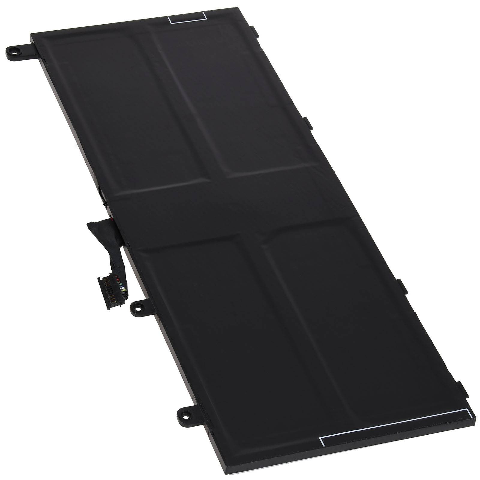 Ein rechteckiger schwarzer Akkupack für einen Laptop mit mehreren Anschlussschlitzen und einer dünnen, flachen Konstruktion.