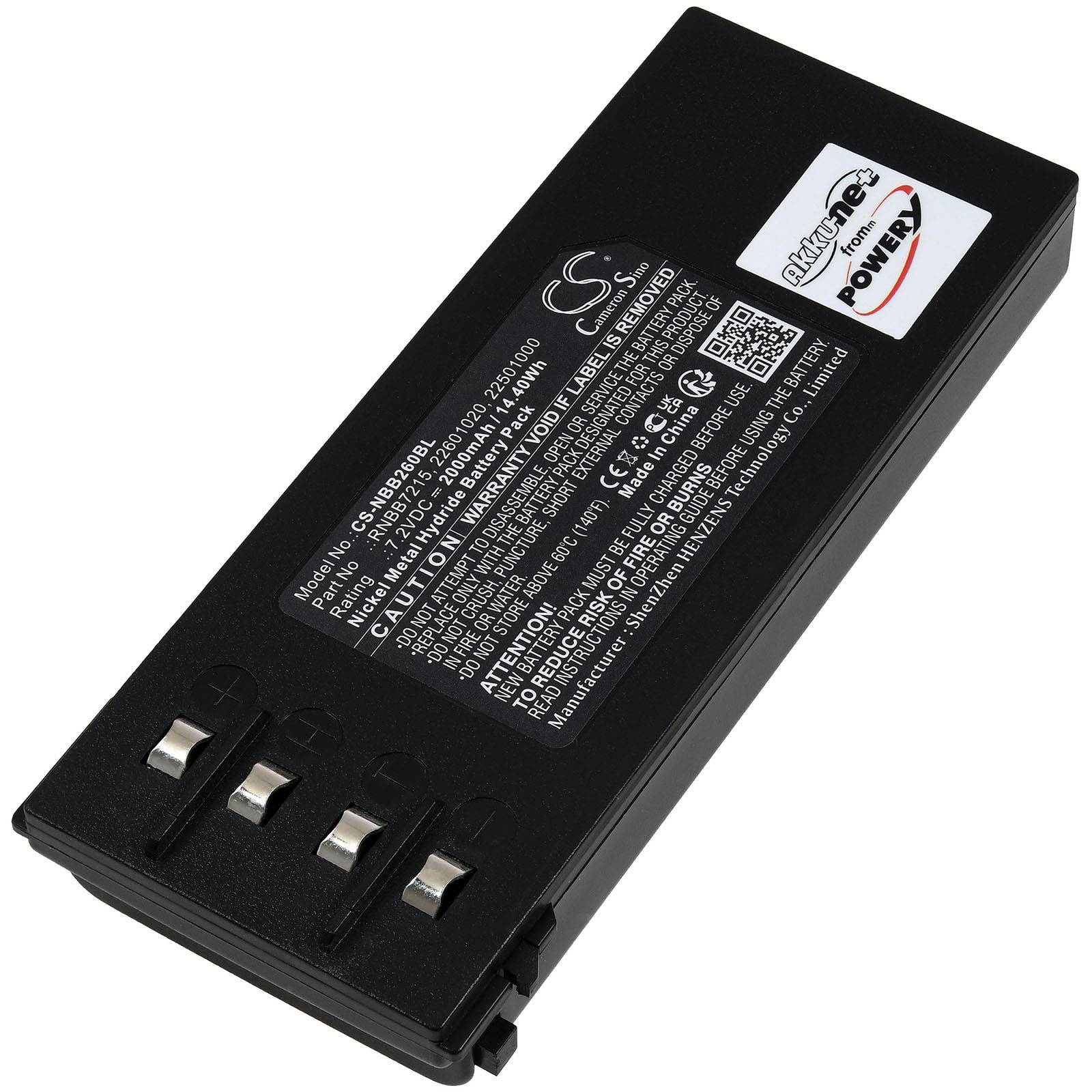 Ein schwarzer Akku mit einem Etikett, das Spezifikationen wie Modellnummer, Spannung, Stromstärke und Warnhinweise zeigt.