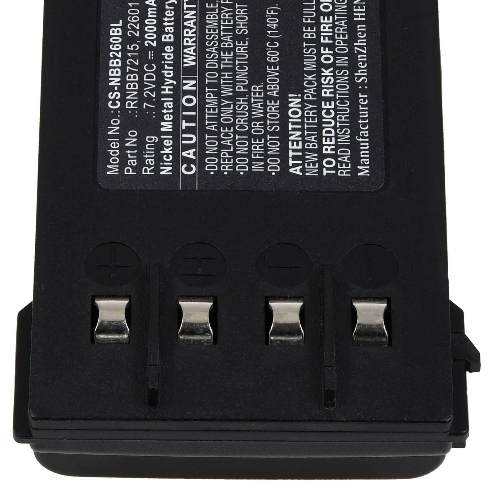 Bild eines schwarzen, wiederaufladbaren Nickel-Metall-Hydrid-Akkupacks. Modell: CS-NSB2GBL, 2,4V, 700mAh. Enthält Warnhinweise und Garantieinformationen.