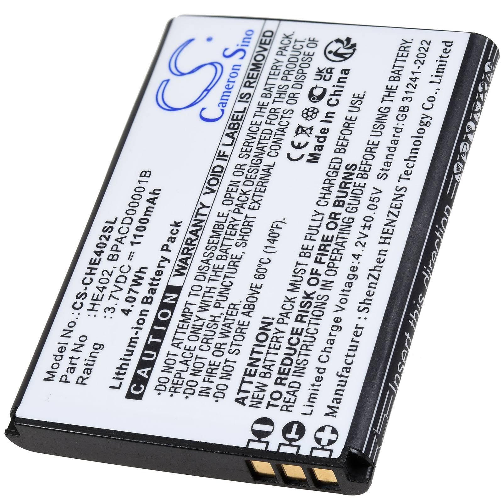 Lithium-Ionen-Akku mit der Bezeichnung 'Cameron Sino' mit folgenden Spezifikationen: 3,7V, 1100mAh, Modell CS-HE492SL. Enthält Sicherheitshinweise und Gebrauchsanweisungen.