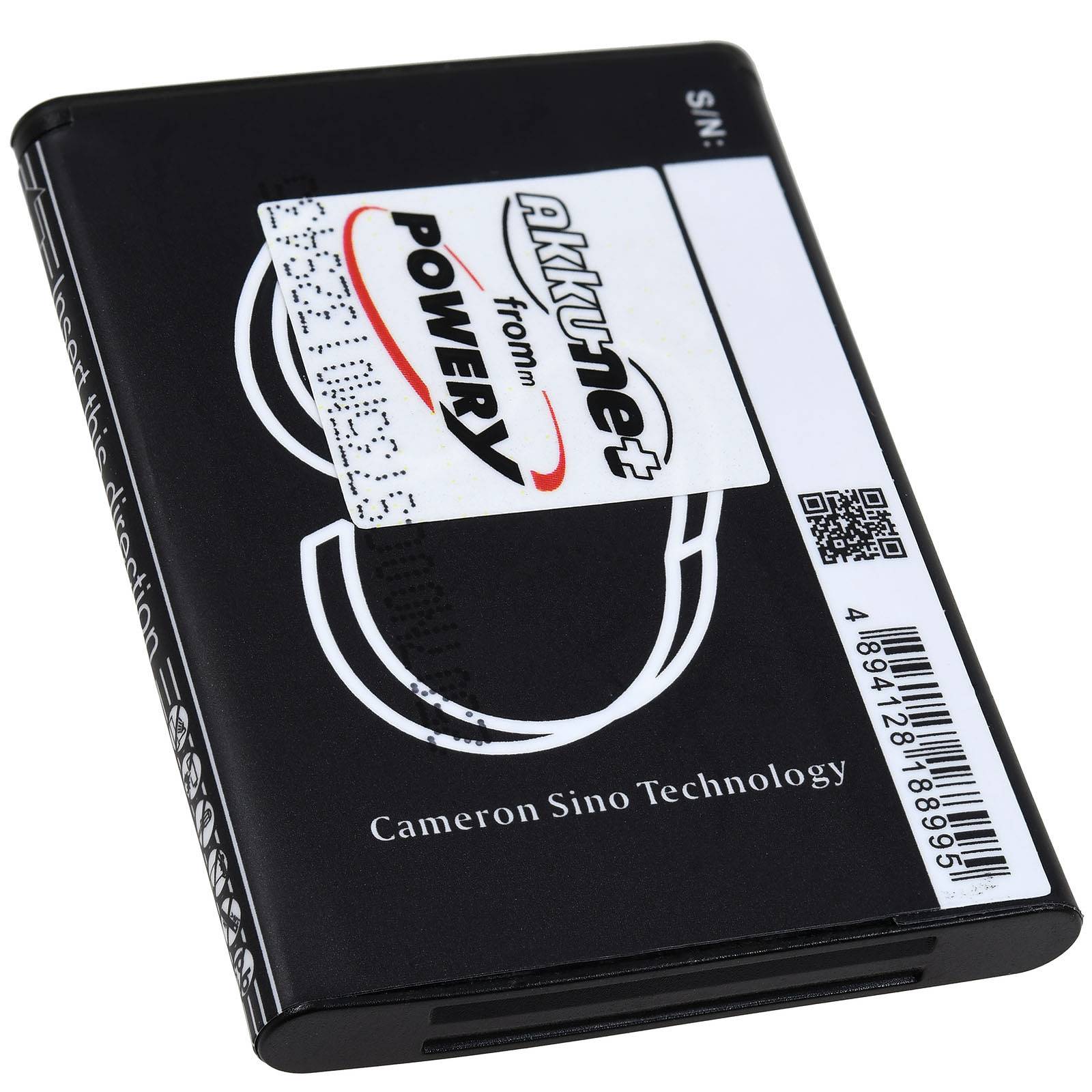 Eine schwarze wiederaufladbare Batterie mit dem Aufdruck 'Cameron Sino Technology', versehen mit einem Barcode und einem Aufkleber mit der Bezeichnung 'akku.net power'.