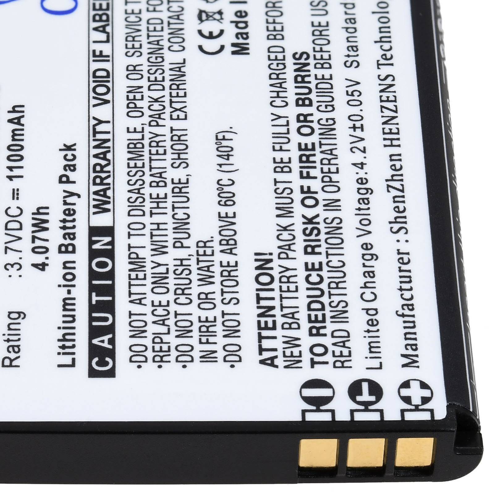 Eine Nahaufnahme eines Lithium-Ionen-Akkupakets mit Warnhinweisen und elektrischen Spezifikationen, einschließlich 3,7V, 1100mAh und 4,07Wh.