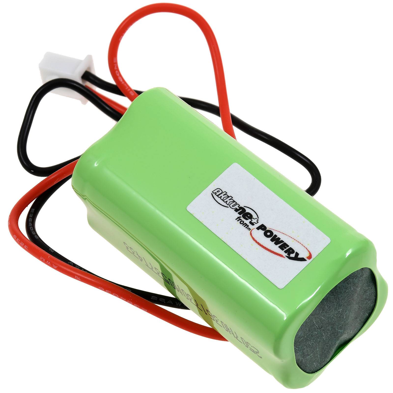 Eine grüne wiederaufladbare Batterie mit schwarzen und roten Kabeln und einem weißen Stecker. Sie hat eine Beschriftung mit dem Wort 