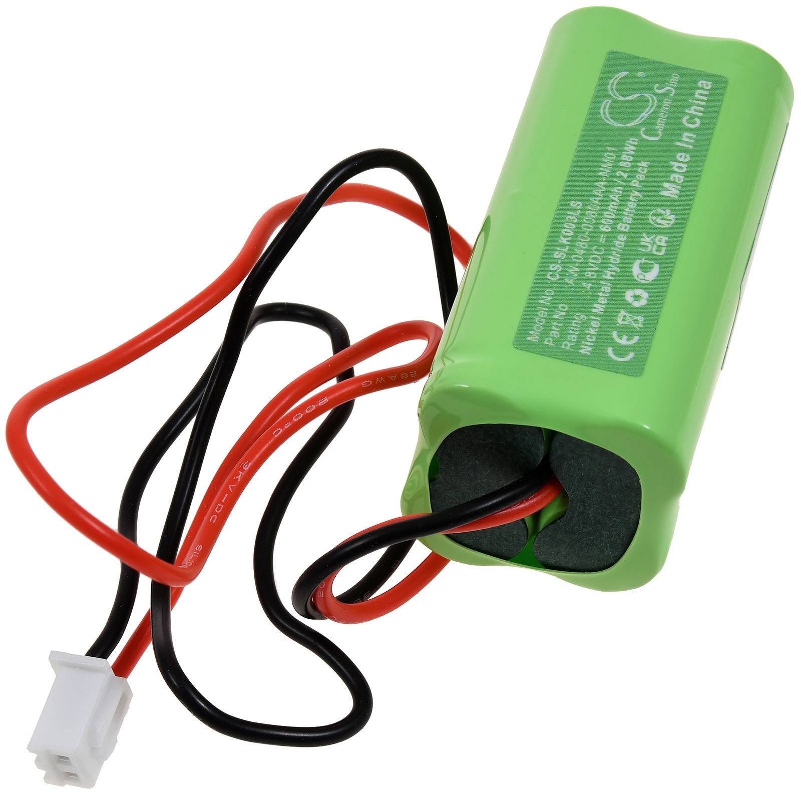 Ein grüner wiederaufladbarer Akkupack mit einer angeschlossenen roten und schwarzen Leitung, versehen mit Text, der Spezifikationen anzeigt, und dem Aufdruck 'Made in China'.
