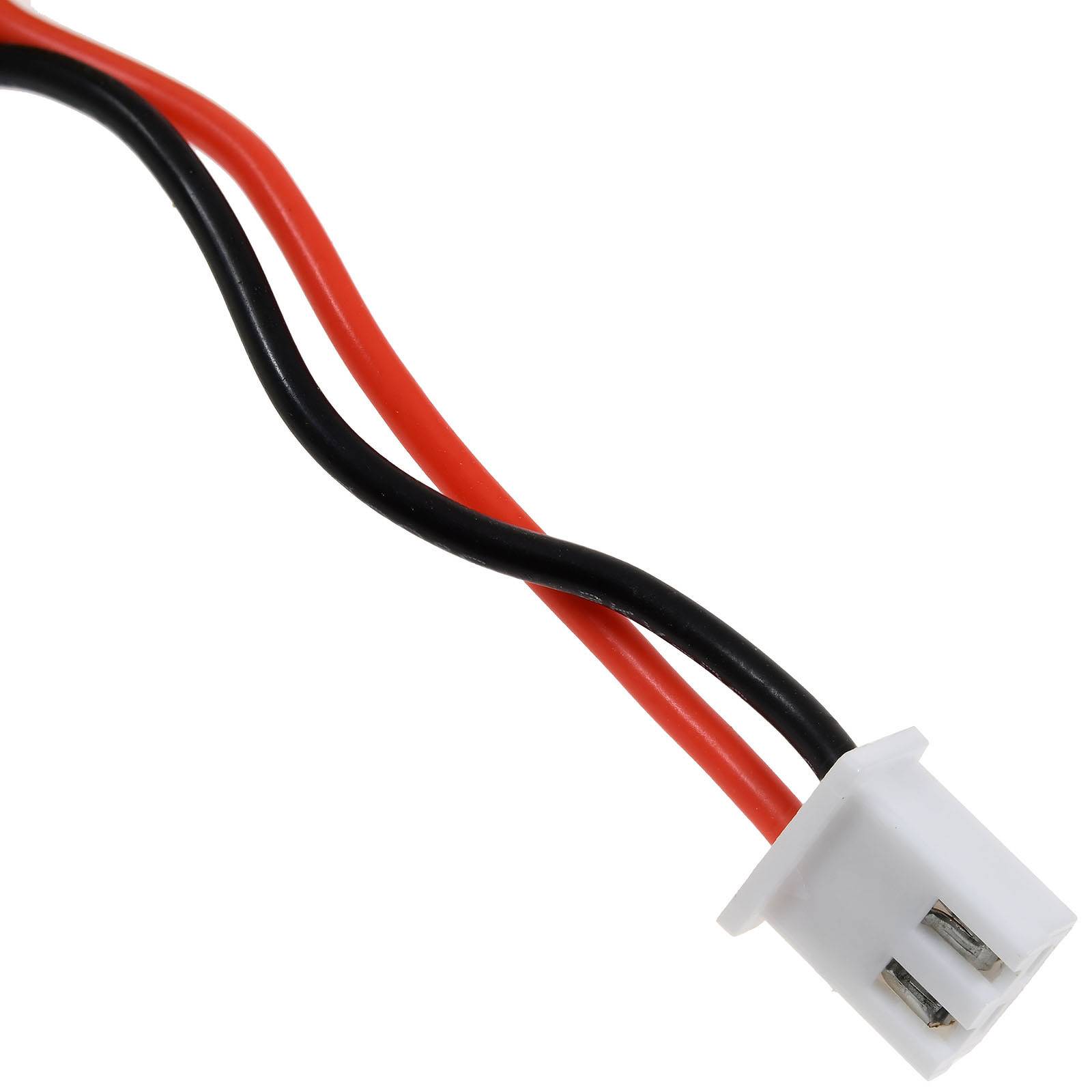 Nahaufnahme eines Zwei-Draht-Verbindungsstücks mit schwarzen und roten Kabeln. Der Verbinder ist weiß und scheint für elektronische oder elektrische Zwecke gedacht zu sein.