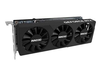 Eine Grafikkarte mit drei Kühlventilatoren und der Markenbeschriftung 'INNO3D' und 'GEFORCE RTX', die seitlich sichtbar sind.