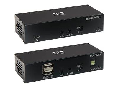 Zwei schwarze rechteckige Geräte mit den Bezeichnungen 'Sender' und 'Empfänger'. Jedes Gerät verfügt über mehrere Anschlüsse für USB, IR und Stromversorgung.