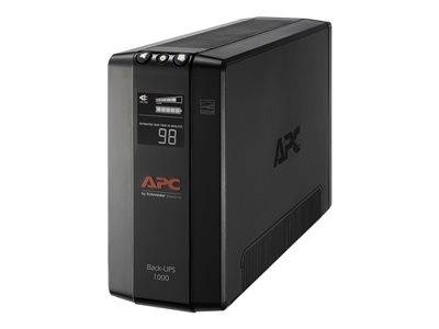 APC Back-UPS 1000 Gerät mit einer digitalen Anzeige, die den Batteriezustand und Stromversorgungsindikatoren zeigt, verwendet zur Bereitstellung von Backup-Strom während Stromausfällen.