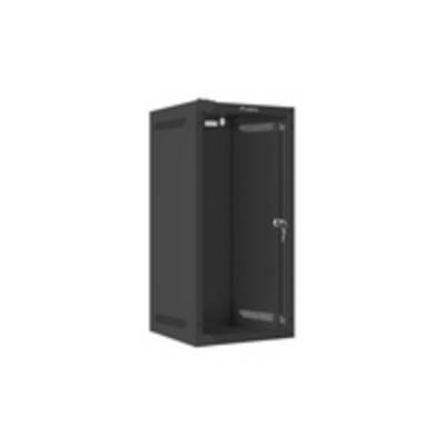 Ein schwarzer, wandmontierter Serverrack mit einer transparenten Fronttür und Lüftungsschlitzen an den Seiten.