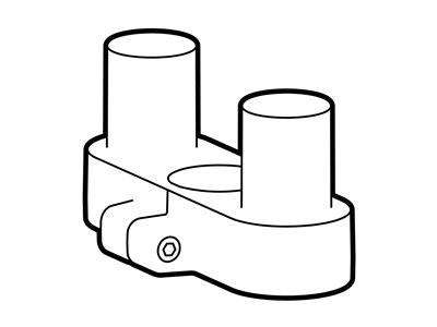Eine schwarz-weiße Linienzeichnung stellt einen Zwei-Rohr-Verbinder mit einem Bolzen im unteren Bereich zum Befestigen oder Anbringen dar.