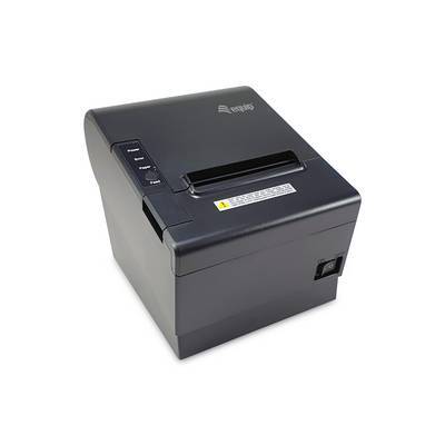 Ein schwarzer Thermobondrucker mit Tasten auf der oberen linken Seite und einem offenen Papiereinschub, ideal für den Einsatz im Einzelhandel oder in der Gastronomie.