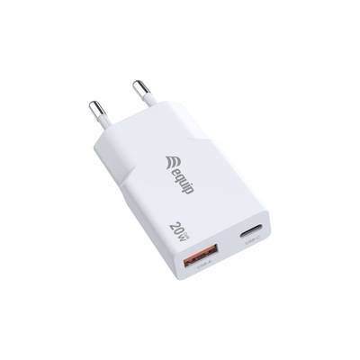 Ein weißer 20W USB-Wandladegerät mit zwei Stiften, ausgestattet mit einem USB-Anschluss und einem USB-C-Anschluss. Der Markenname ist an der Seite angebracht.