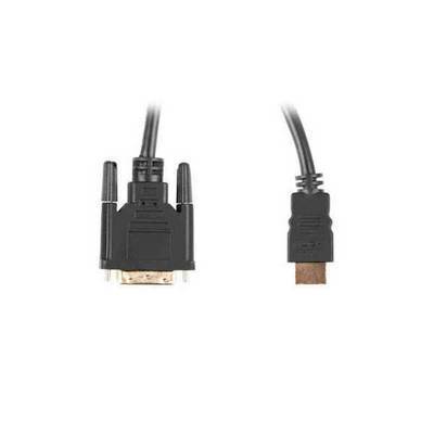 Ein schwarzes DVI-zu-HDMI-Adapterkabel mit DVI-Anschluss links und HDMI-Anschluss rechts.