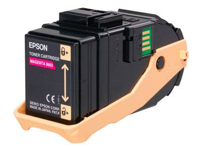 Epson Magenta-Tonerkassette 0603 mit Richtungspfeilen und Markierung. Hergestellt in Japan von Seiko Epson Corp.