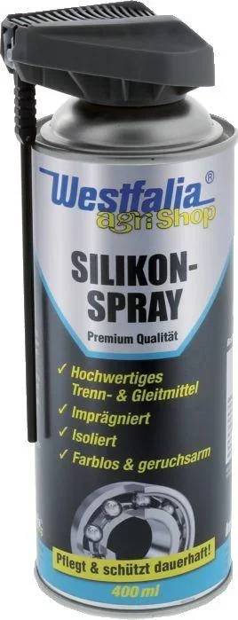 Eine Dose Westfalia-Spray mit der Bezeichnung 'Silikon-Spray Premium Qualität', Anwendungen umfassen hochwertiges Schmiermittel und Trennmittel.