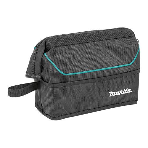 Eine schwarze Makita Werkzeugtasche mit Griff und türkisfarbener Akzentuierung, die zum Tragen und Organisieren von Werkzeugen verwendet wird.
