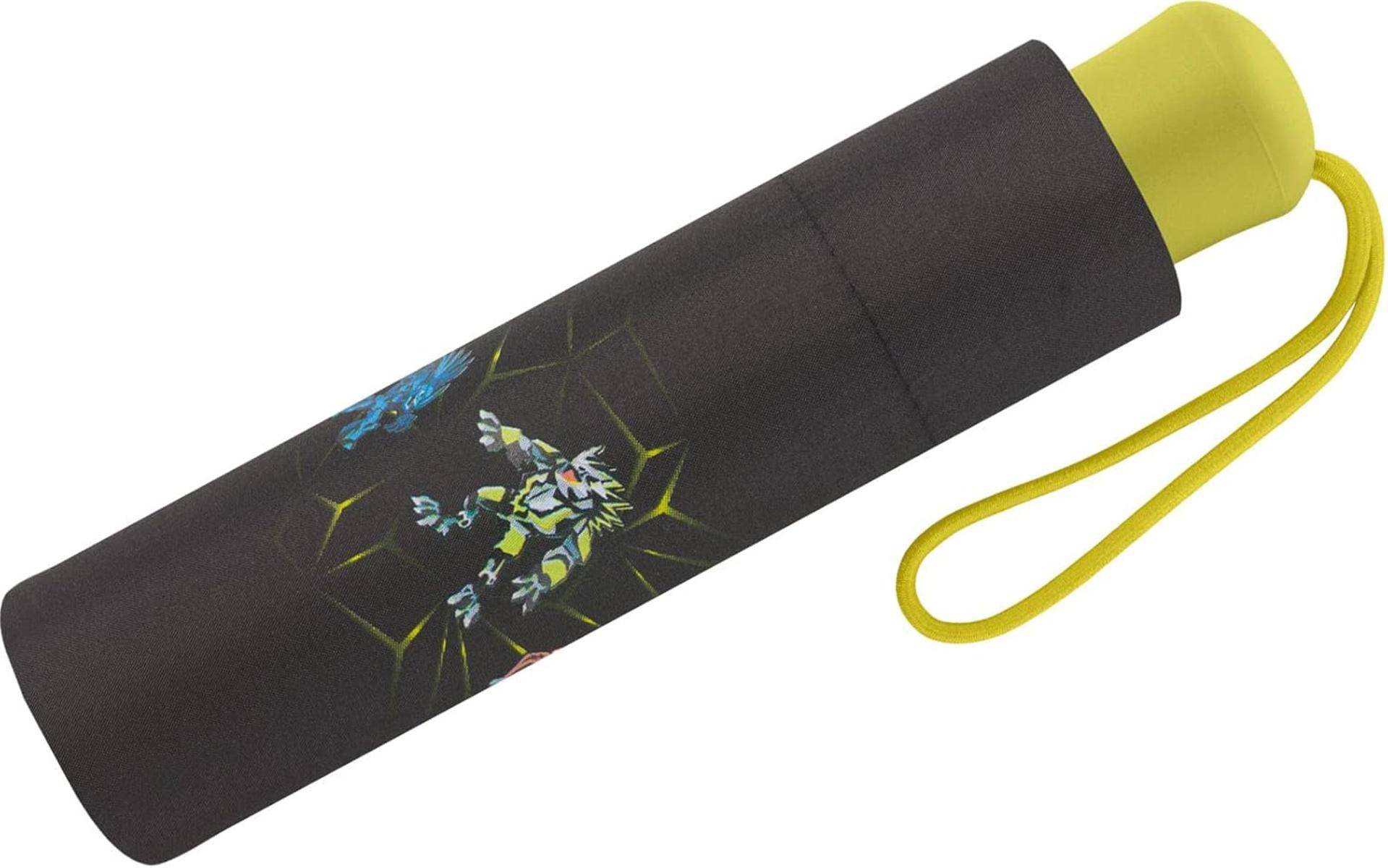 Schwarzer und gelber Regenschirm mit geometrischen Mustern und abstrakten Designs.