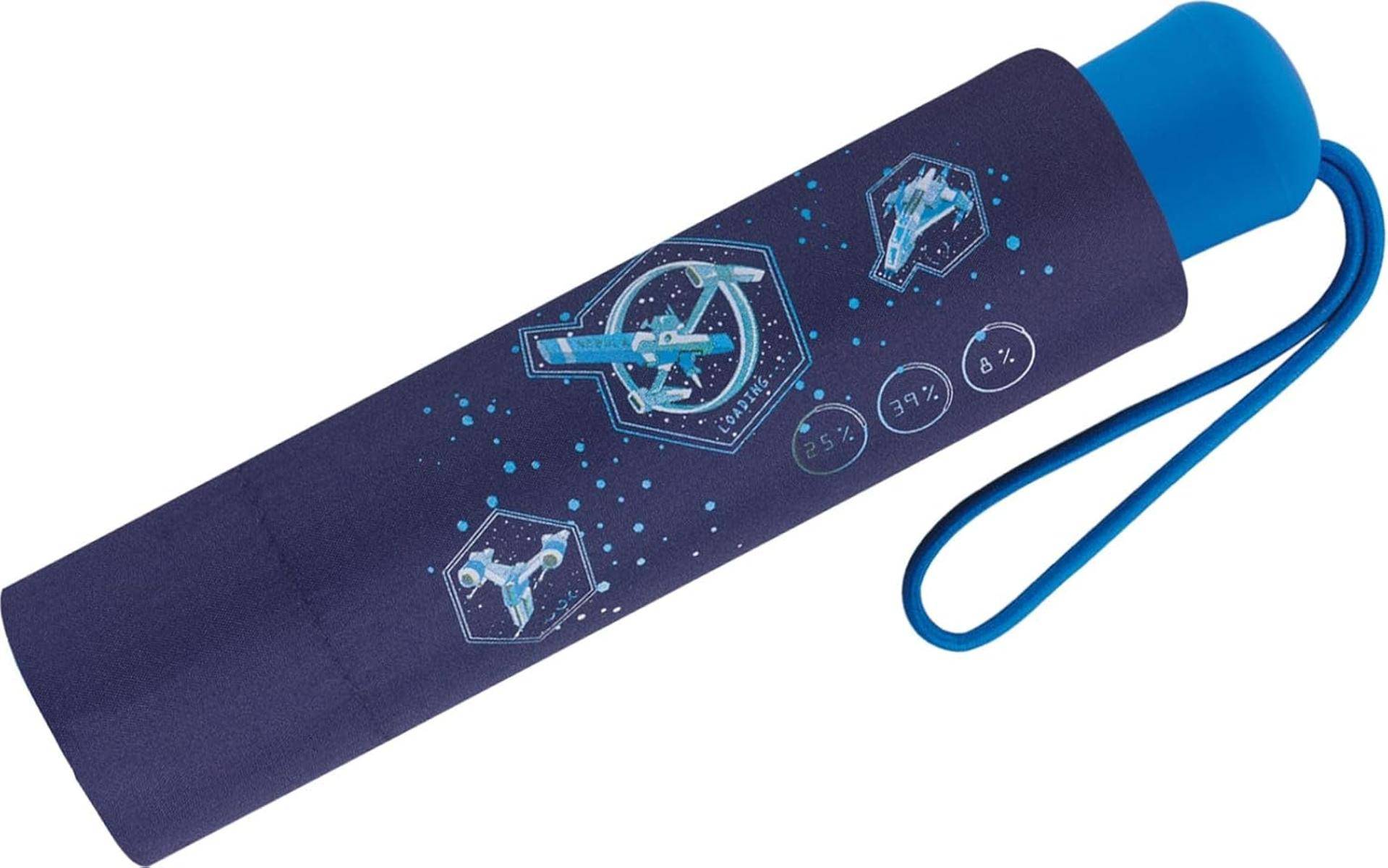 Ein dunkelblauer Regenschirm mit einem blauen Griff, der weltraumthematische Illustrationen und Symbole in helleren Blautönen aufweist.