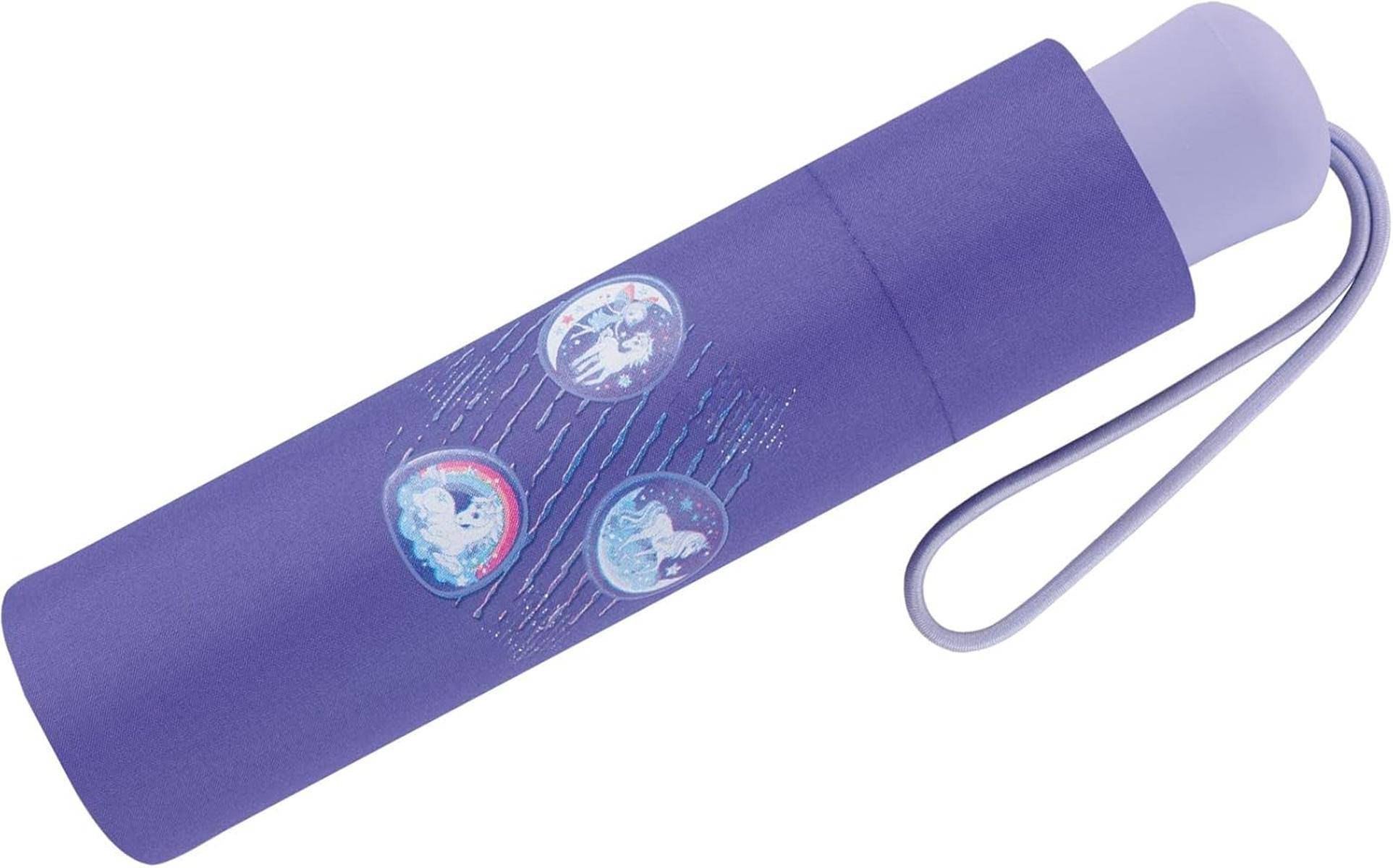 Ein lila Regenschirm mit drei kreisförmigen weltraumthematischen Illustrationen, die Astronauten darstellen.