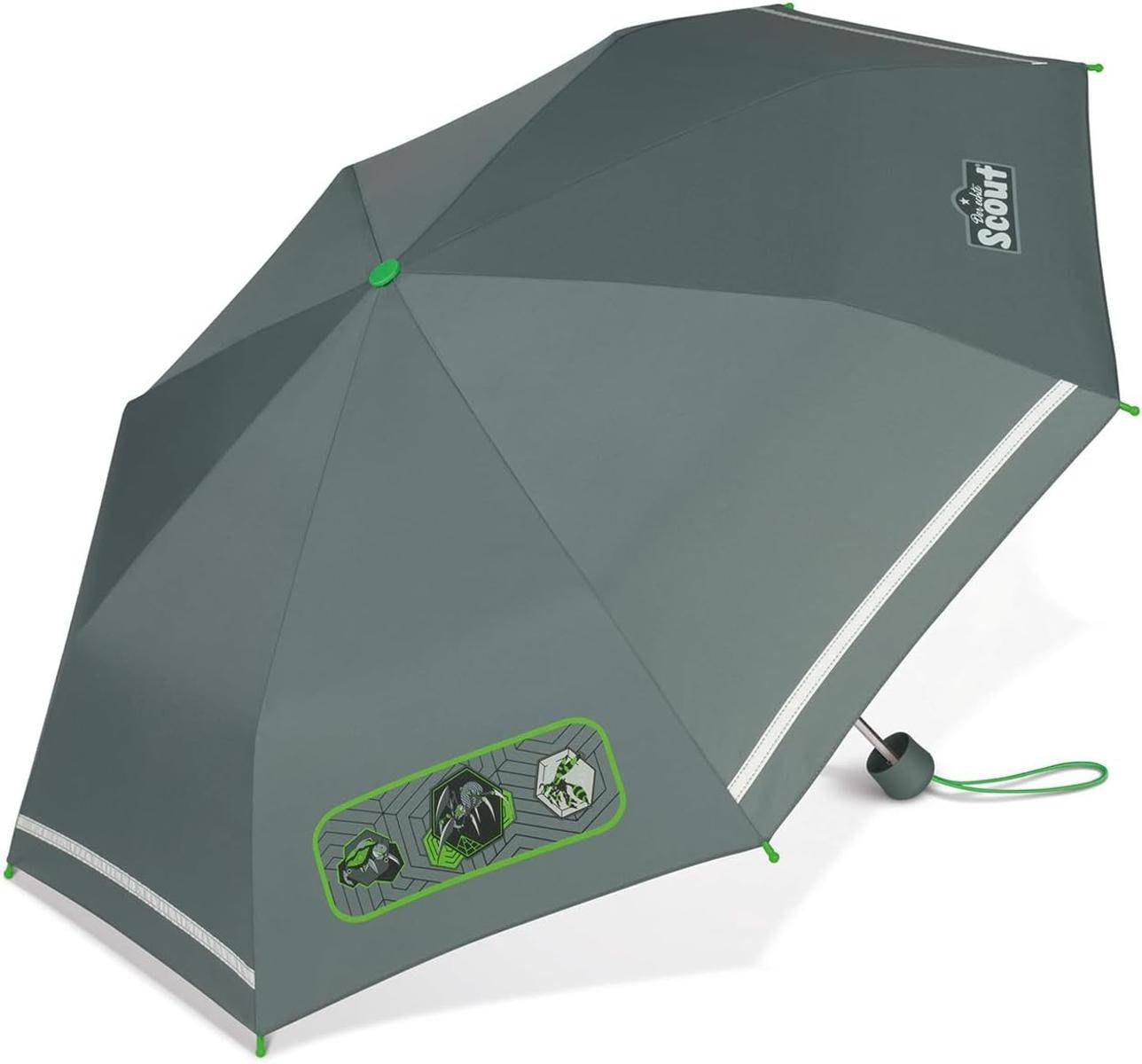 Ein grauer Scout-Regenschirm mit grünen Akzenten und einem Design von drei Spinnen auf einem Panel, geöffnet auf einem weißen Hintergrund.