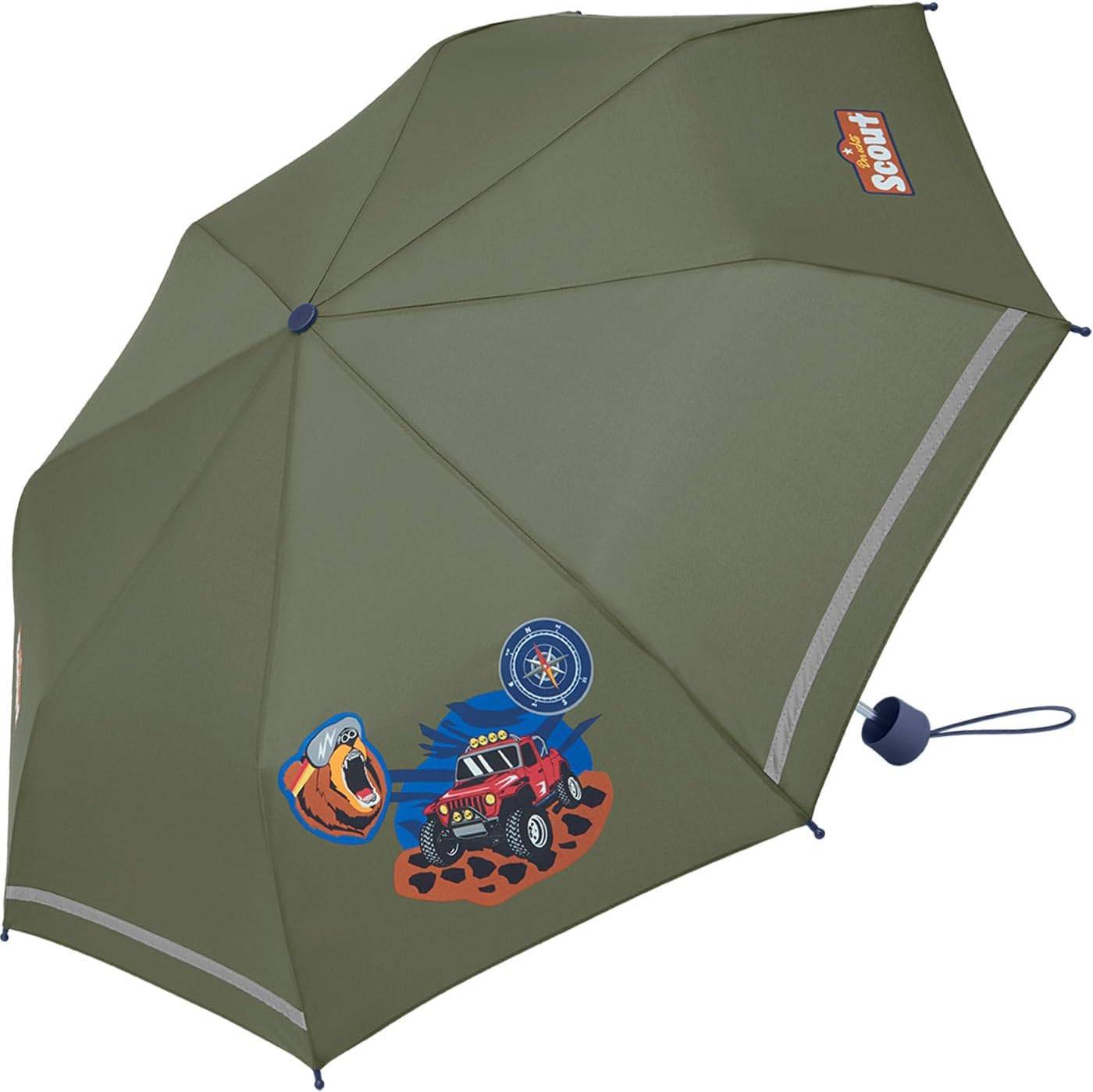 Grüner Regenschirm mit einem roten Geländewagen und Bären-Design, ausgestattet mit einem kleinen Schlüsselband am Griff.