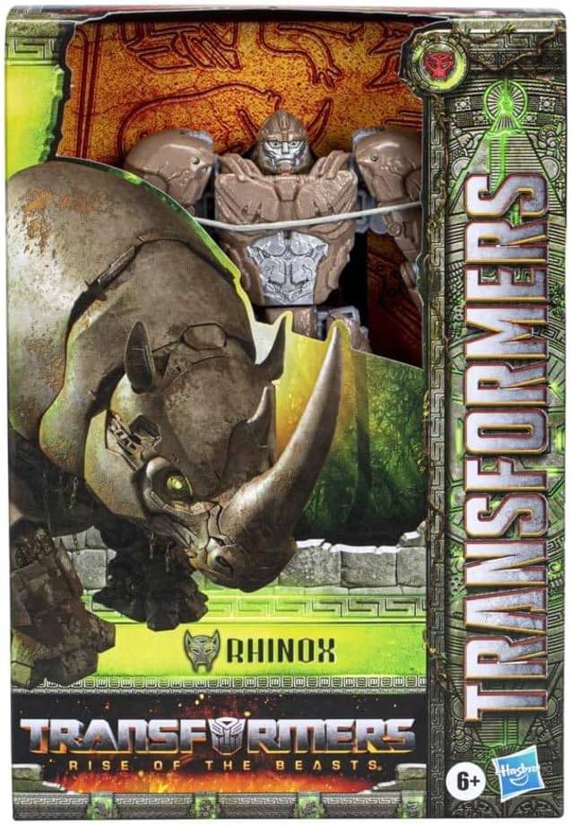 Verpackung eines Transformers-Actionfigur mit Rhinox, einem robotischen Nashorn. Das Verpackungsdesign beinhaltet ein großes Bild von Rhinox und das Transformers-Logo.