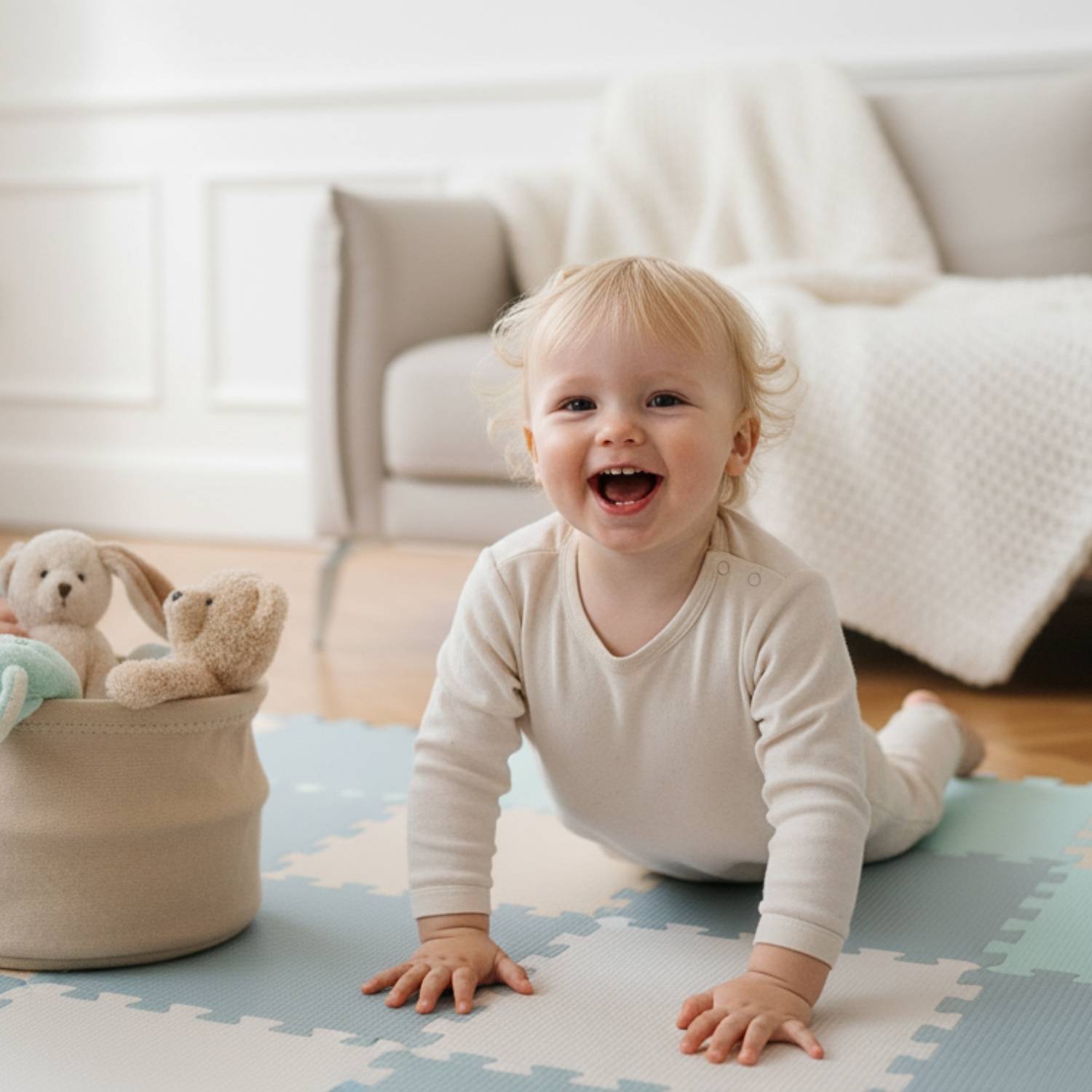 Ein fröhlicher Kleinkind sitzt auf einer Spielmatte und lächelt. In der Nähe steht ein Korb mit Plüschtieren. Im Hintergrund befindet sich ein Sofa mit einer Decke.