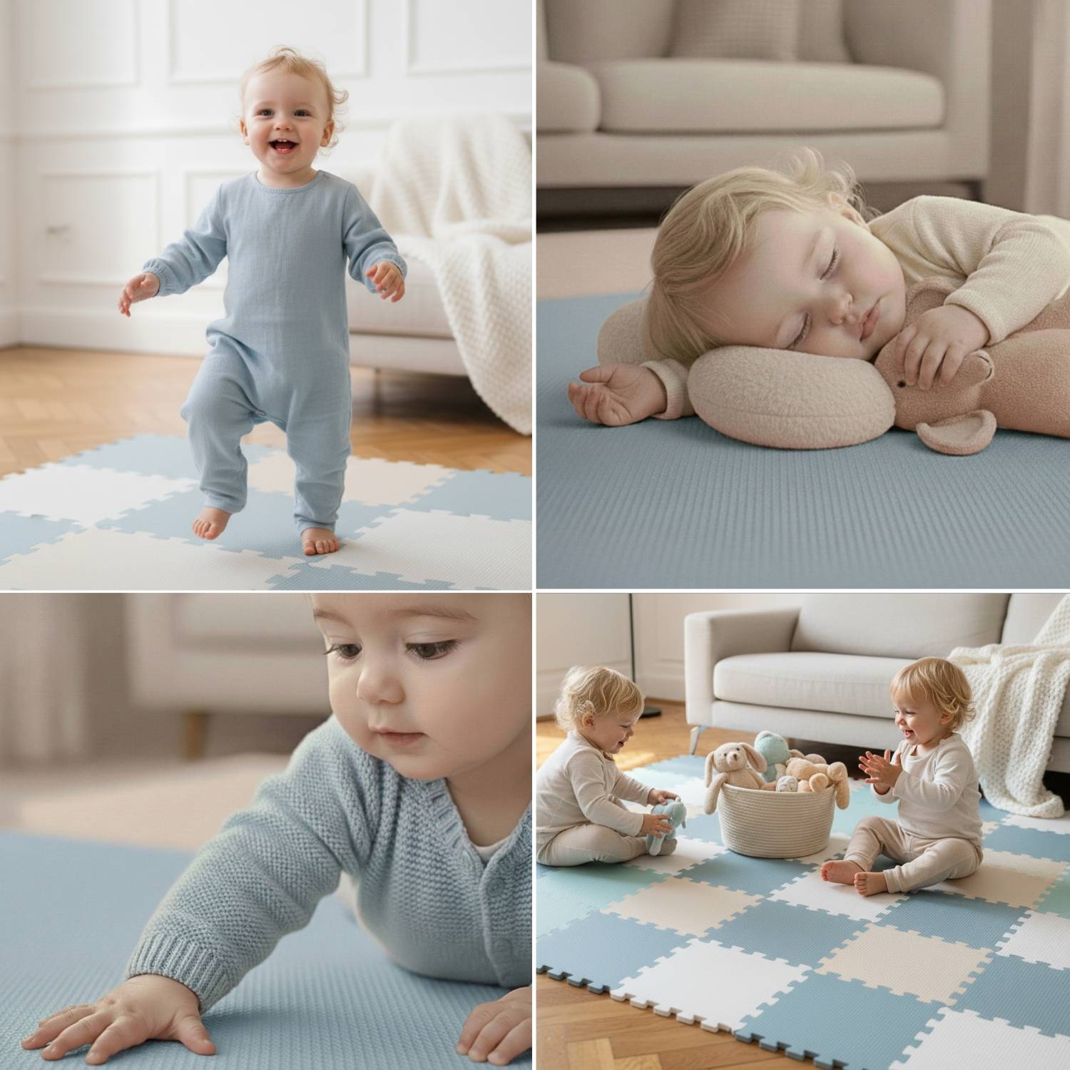 Ein Kleinkind in einem hellblauen Outfit spielt auf und schläft auf einer weichen karierten Matte und beschäftigt sich mit Spielzeugen. Die Szene wirkt ruhig und gemütlich.