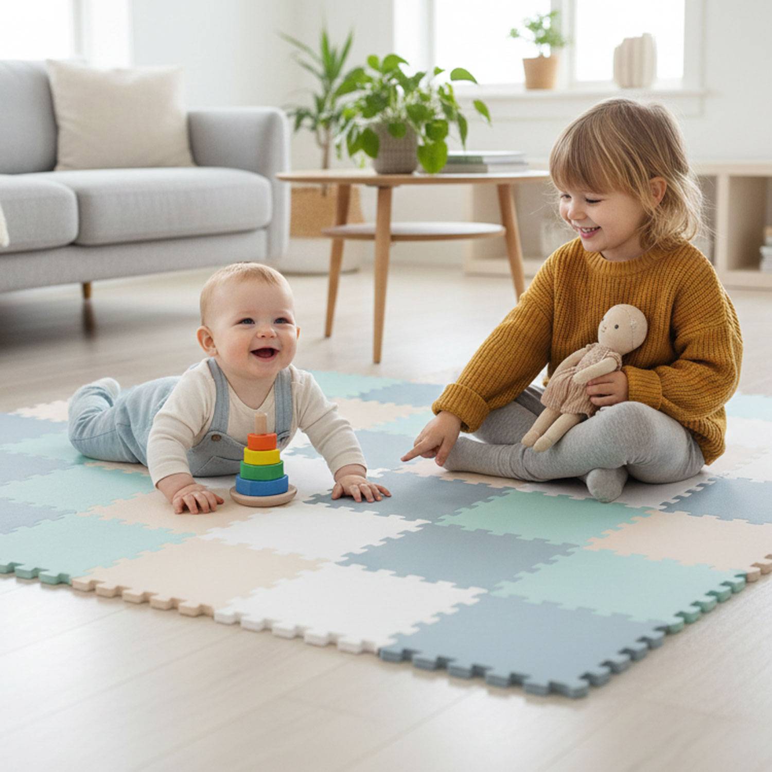 Zwei Kinder spielen auf einer weichen Matte in einem hellen Raum. Der Kleinkind, gekleidet in ein hellgefärbtes Outfit, spielt mit stapelbaren Ringen. Das ältere Kind, in einem senfgelben Pullover, hält eine Puppe und lächelt.