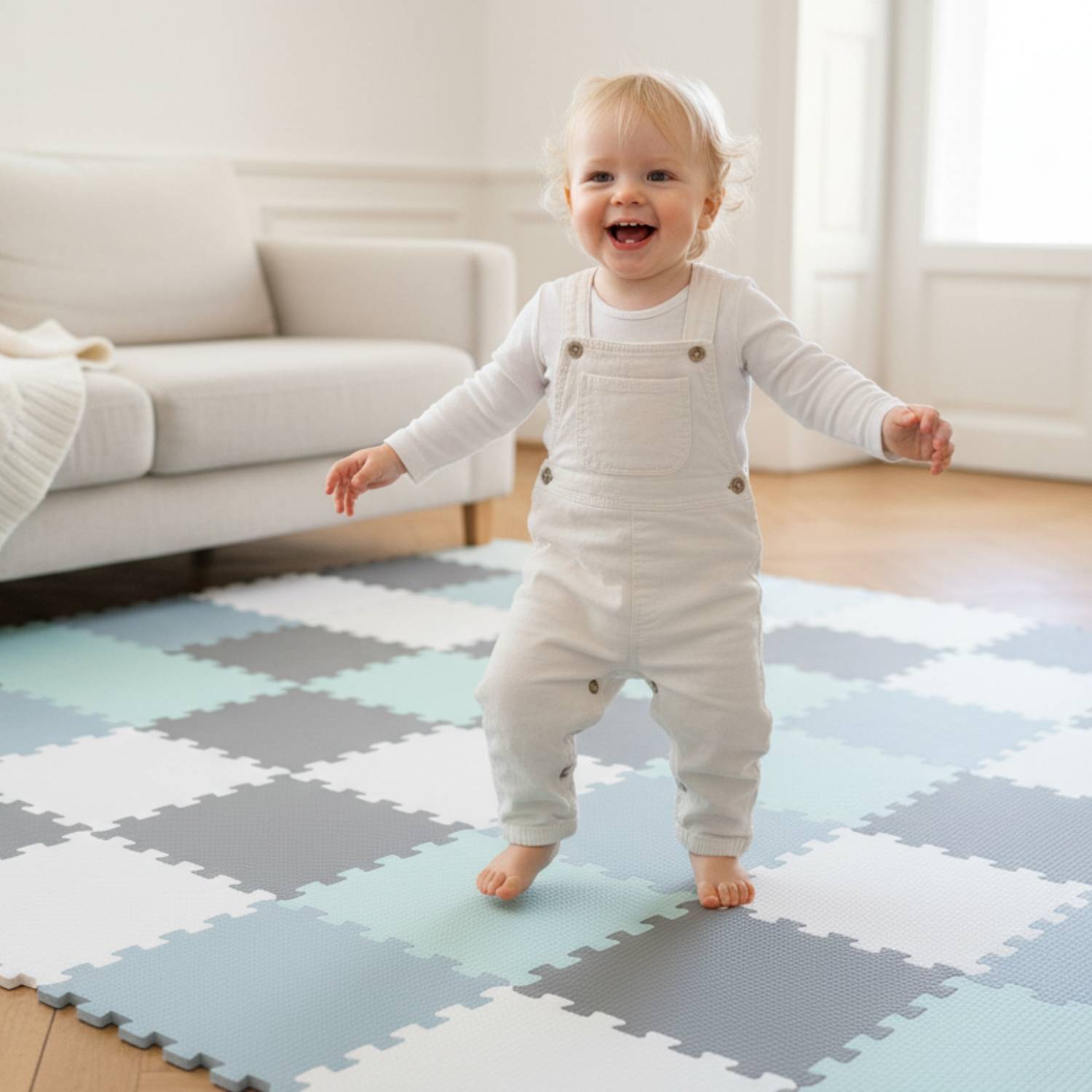 Ein lächelndes Kleinkind in weißem Trägeranzug steht auf einer karierten Schaumstoff-Spielmatte in einem hellen Wohnzimmer, mit einem Sofa im Hintergrund.