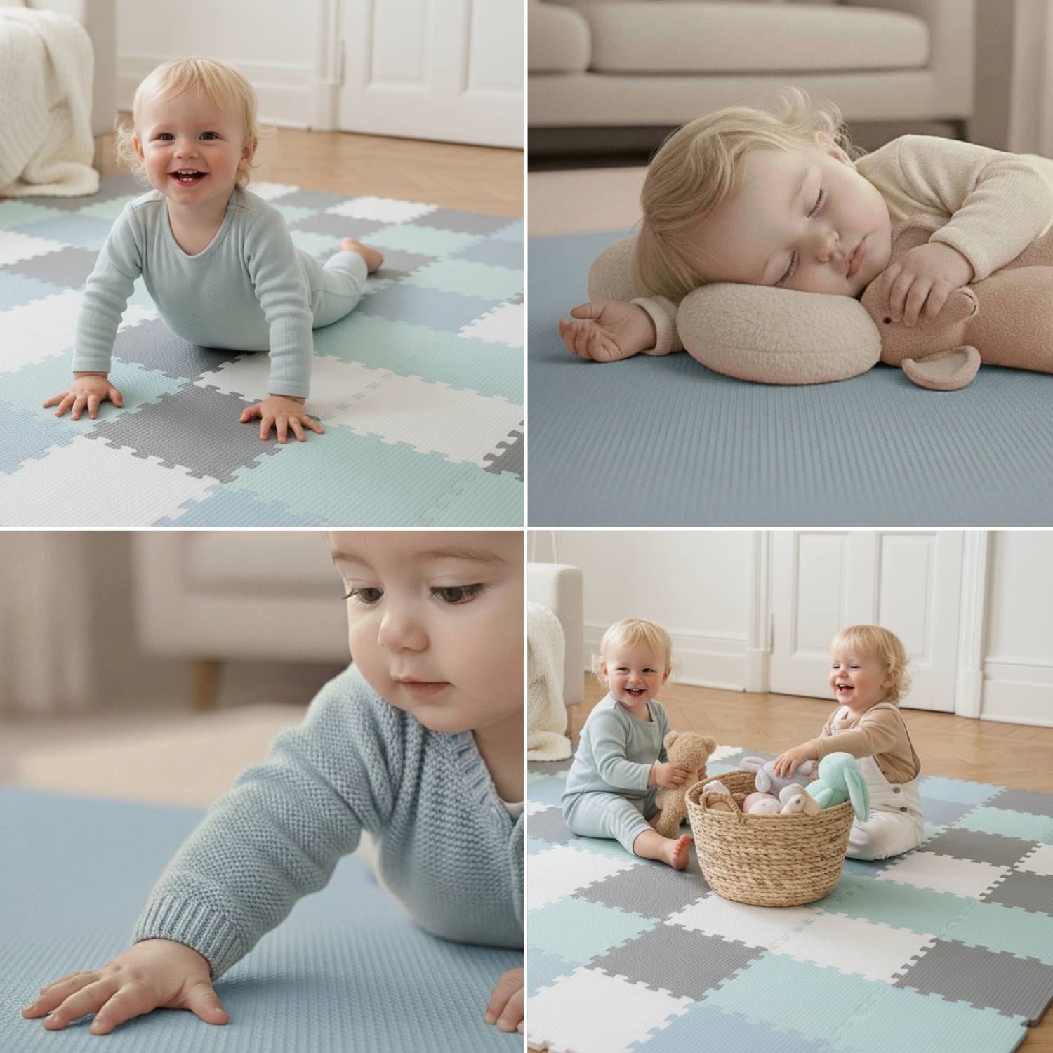 Ein Kleinkind, das auf einer weichen Matte im Wohnzimmer spielt und sich ausruht, lächelt und mit Spielzeugen interagiert; gemütliche und friedliche Atmosphäre.