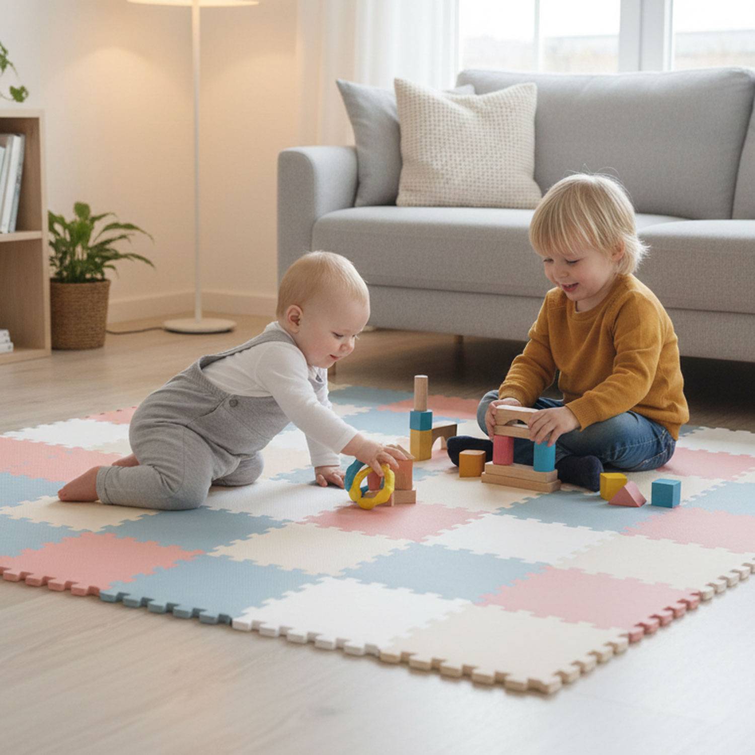 Zwei kleine Kinder spielen mit Holzklötzen auf einer pastellfarbenen Matte in einem gemütlichen Wohnzimmer mit einem grauen Sofa und einer Topfpflanze in der Nähe.