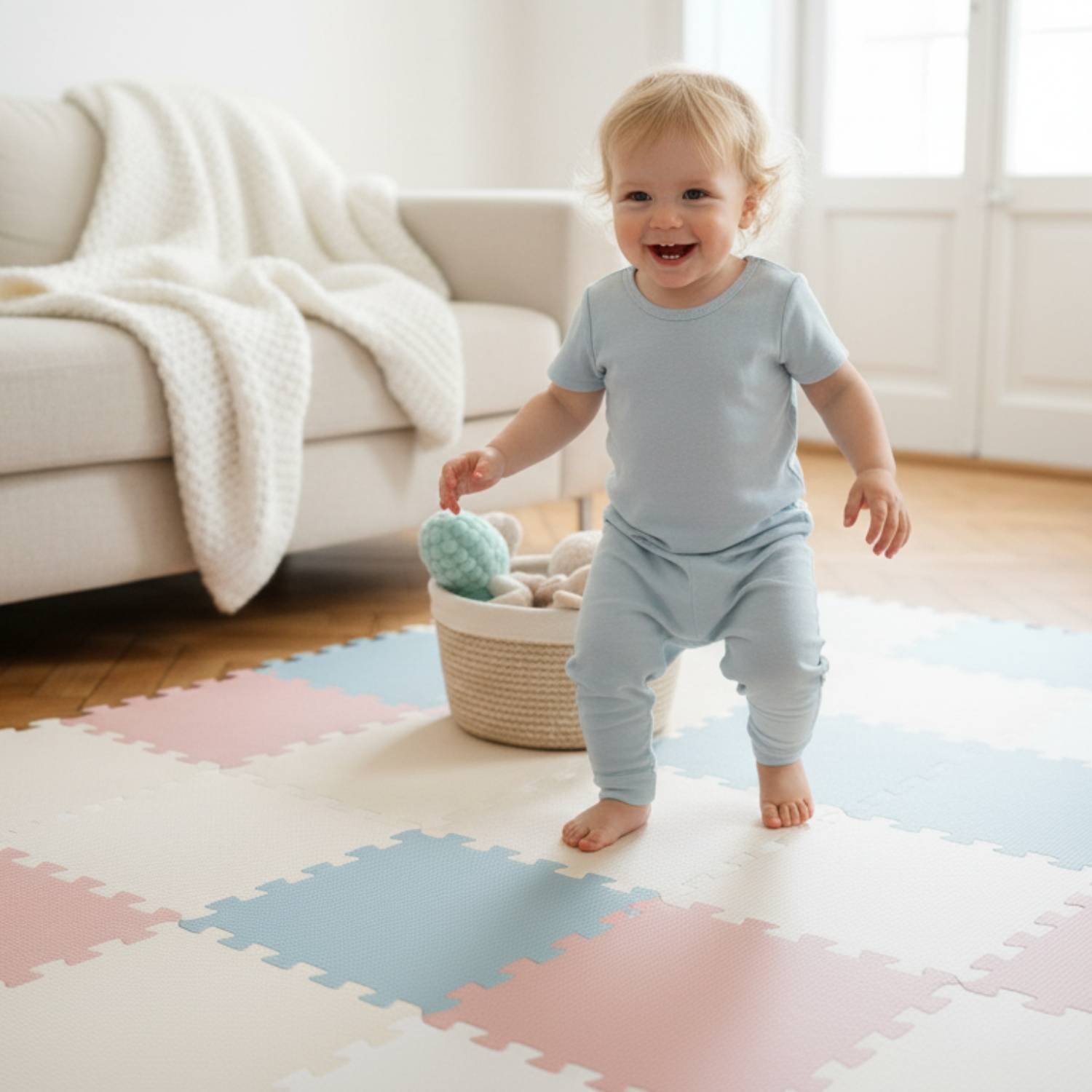 Ein Kleinkind in blauer Kleidung steht auf einer bunten Schaumstoffmatte im Wohnzimmer und lächelt. Ein Korb mit Spielzeug befindet sich neben einem weißen Sofa.