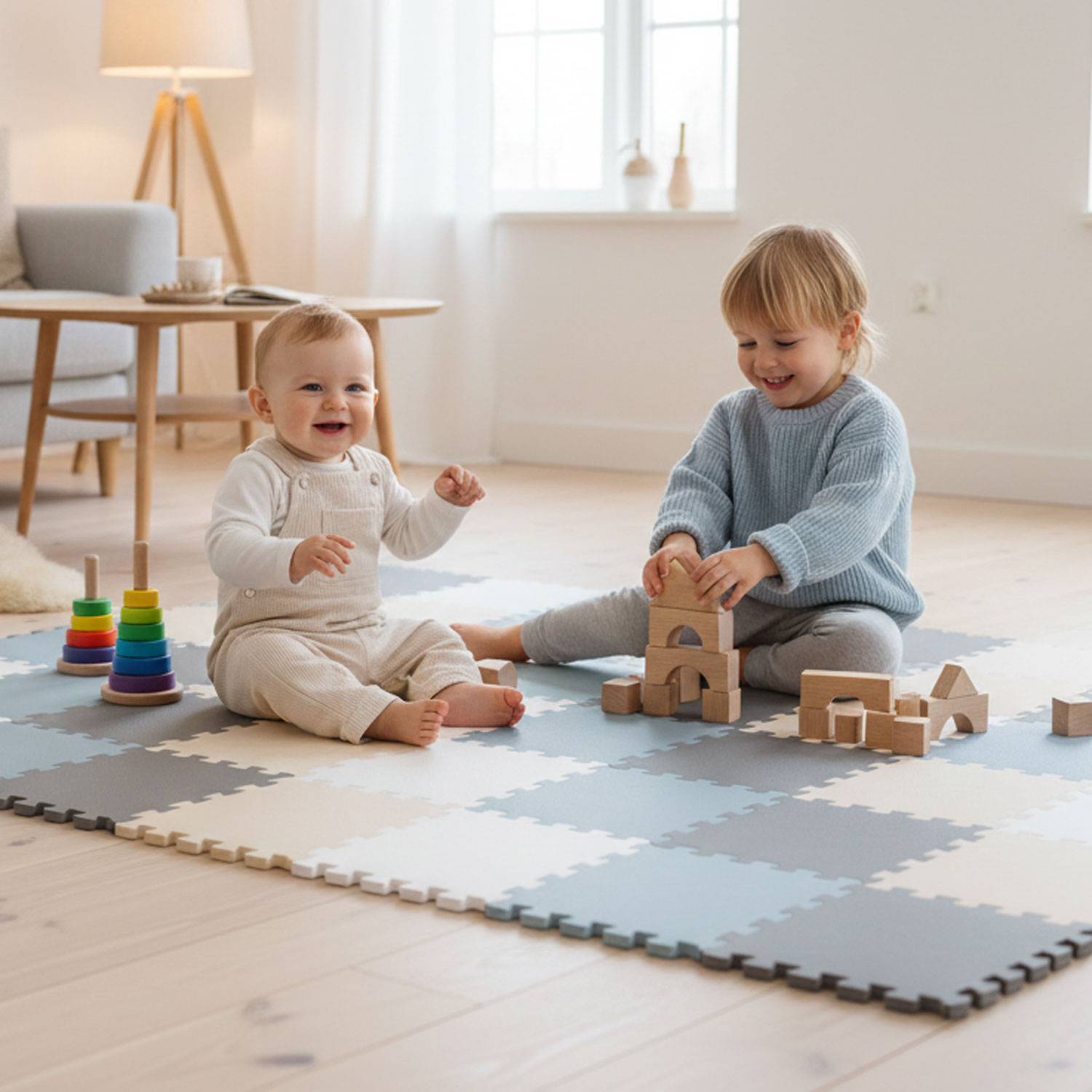 Zwei kleine Kinder spielen mit Holzklötzen und einem Stapelspielzeug auf einer hellbeigen Schaumstoffmatte in einem gemütlichen, sonnendurchfluteten Wohnzimmer.