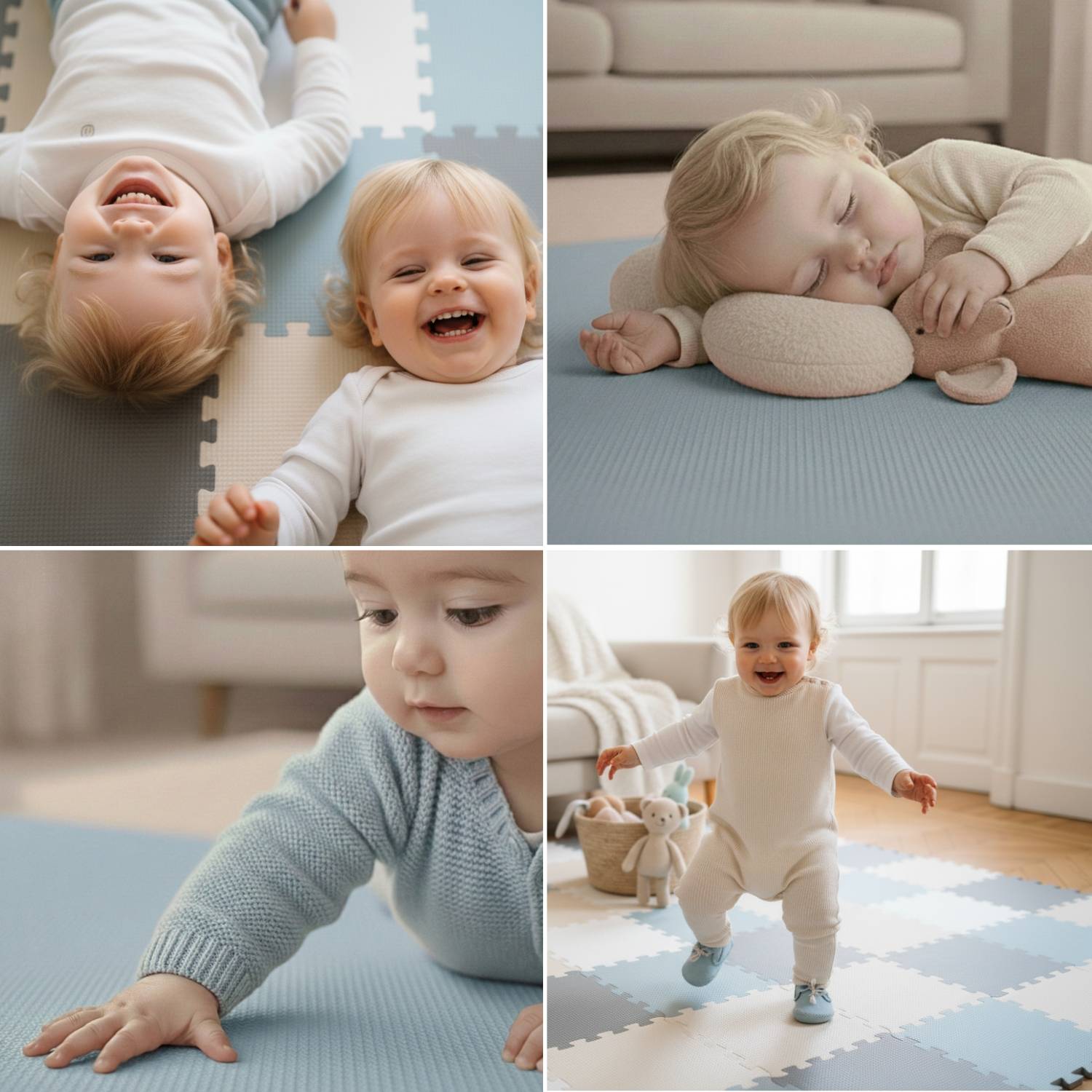 Vier Bilder eines Kleinkindes: liegend und lachend auf einer Spielmatte, schlafend mit einem Kissen, spielend während des Kriechens und laufend mit einem Plüschtier.