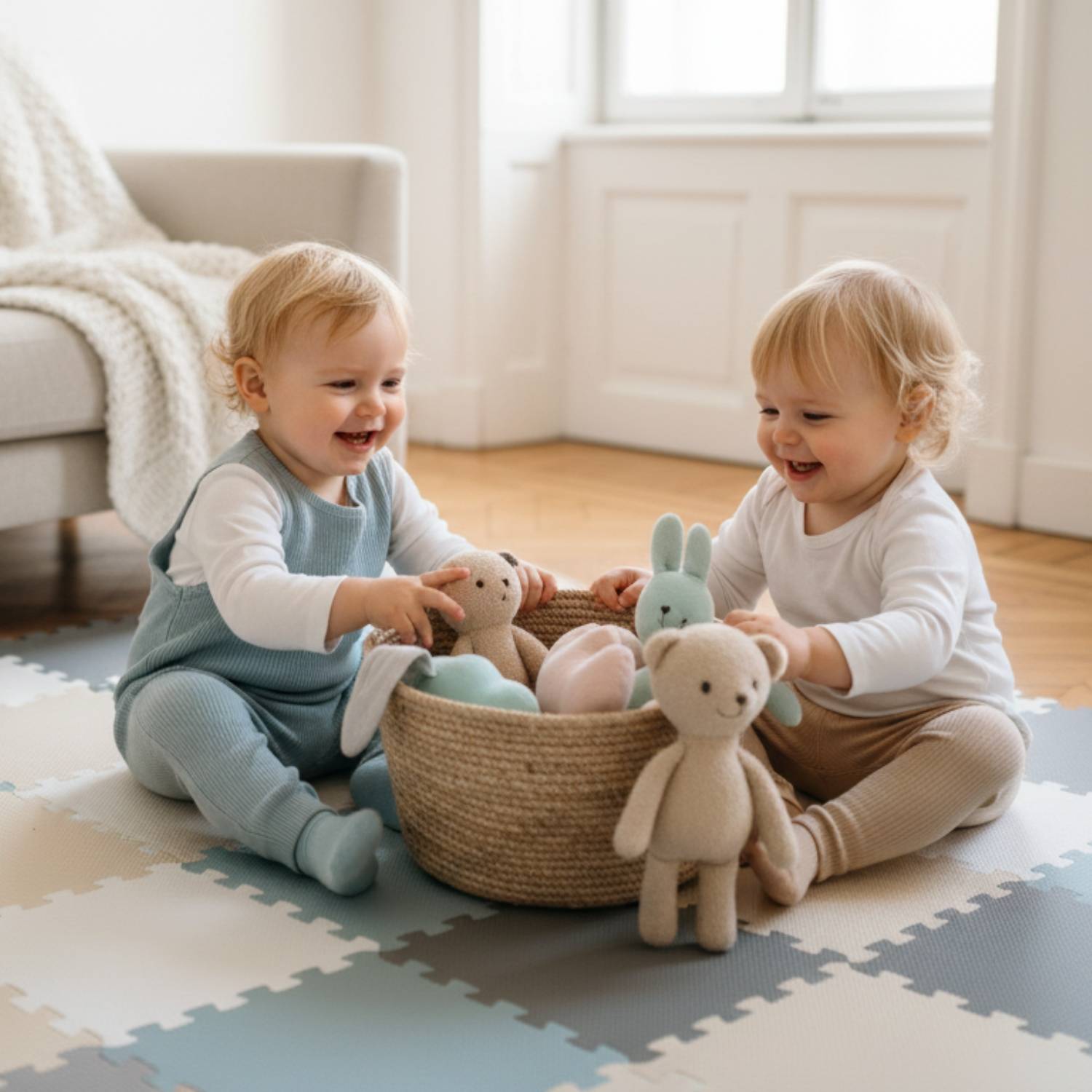 Zwei Kleinkinder sitzen auf einer weichen Spielmatte und spielen mit Plüschtieren aus einem Korb. Ein gemütlicher Raum mit einem beigen Sofa und sanfter Beleuchtung.