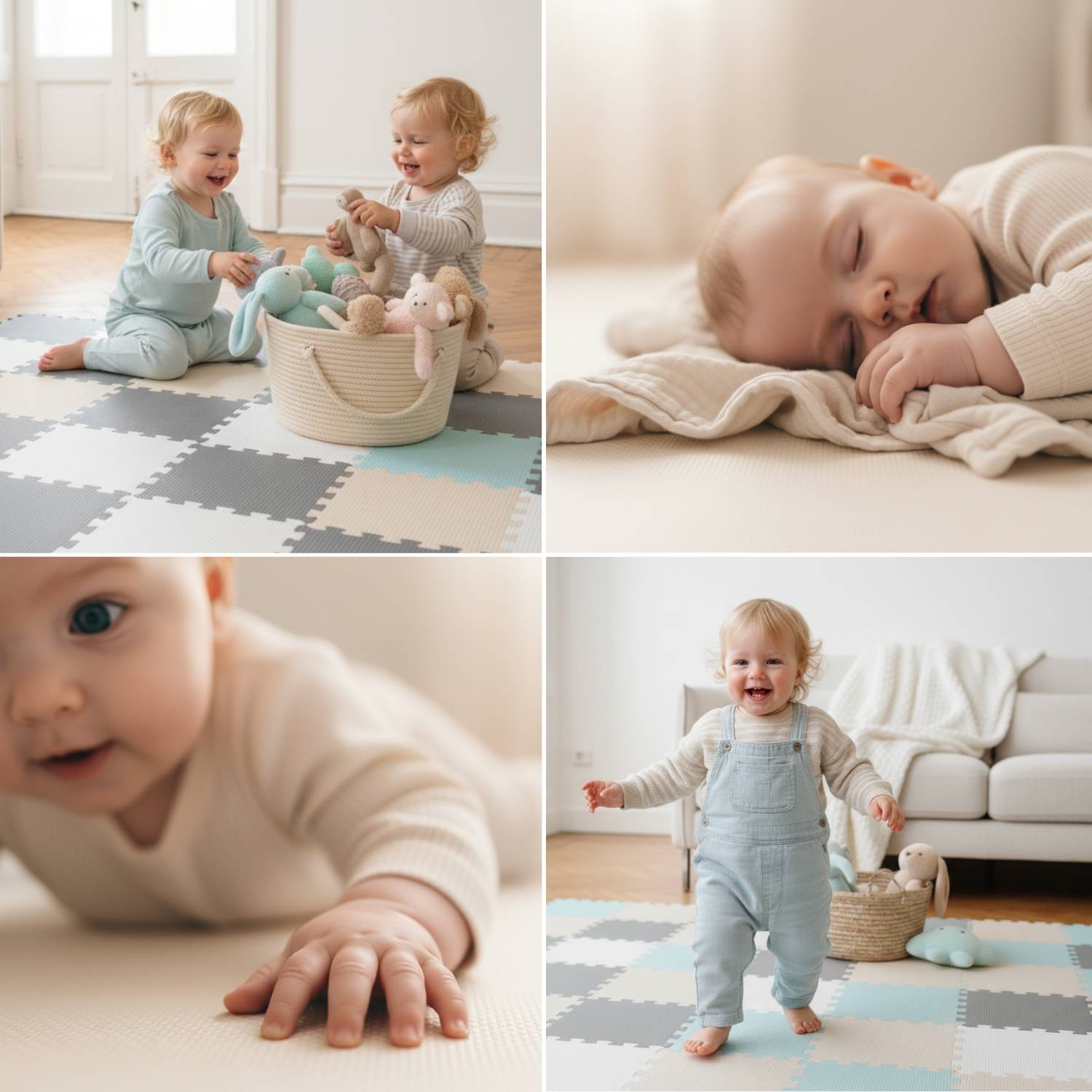 Ein Kleinkind, das in einem hellen, gemütlichen Raum auf einer weichen Matte mit Spielzeugen spielt. In der Nähe schläft dasselbe Kind friedlich auf der Matte.