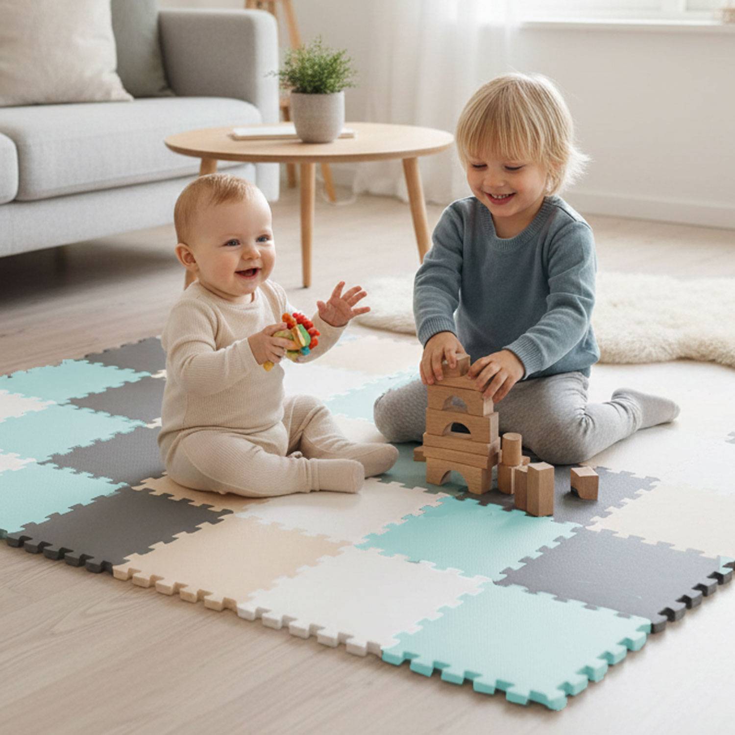 Zwei kleine Kinder sitzen auf einer bunten Spielmatte; eines lächelt und spielt mit Spielzeugen, während das andere Holzblöcke stapelt.